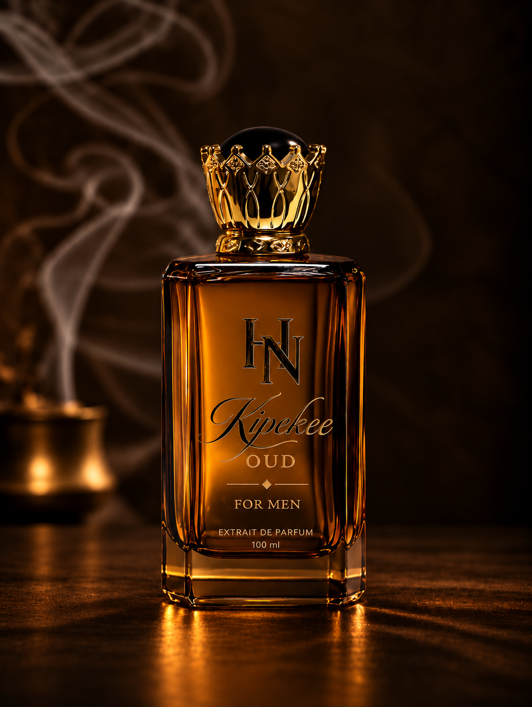 KIPEKEE OUD bottle surrounded by smoke and dark wood